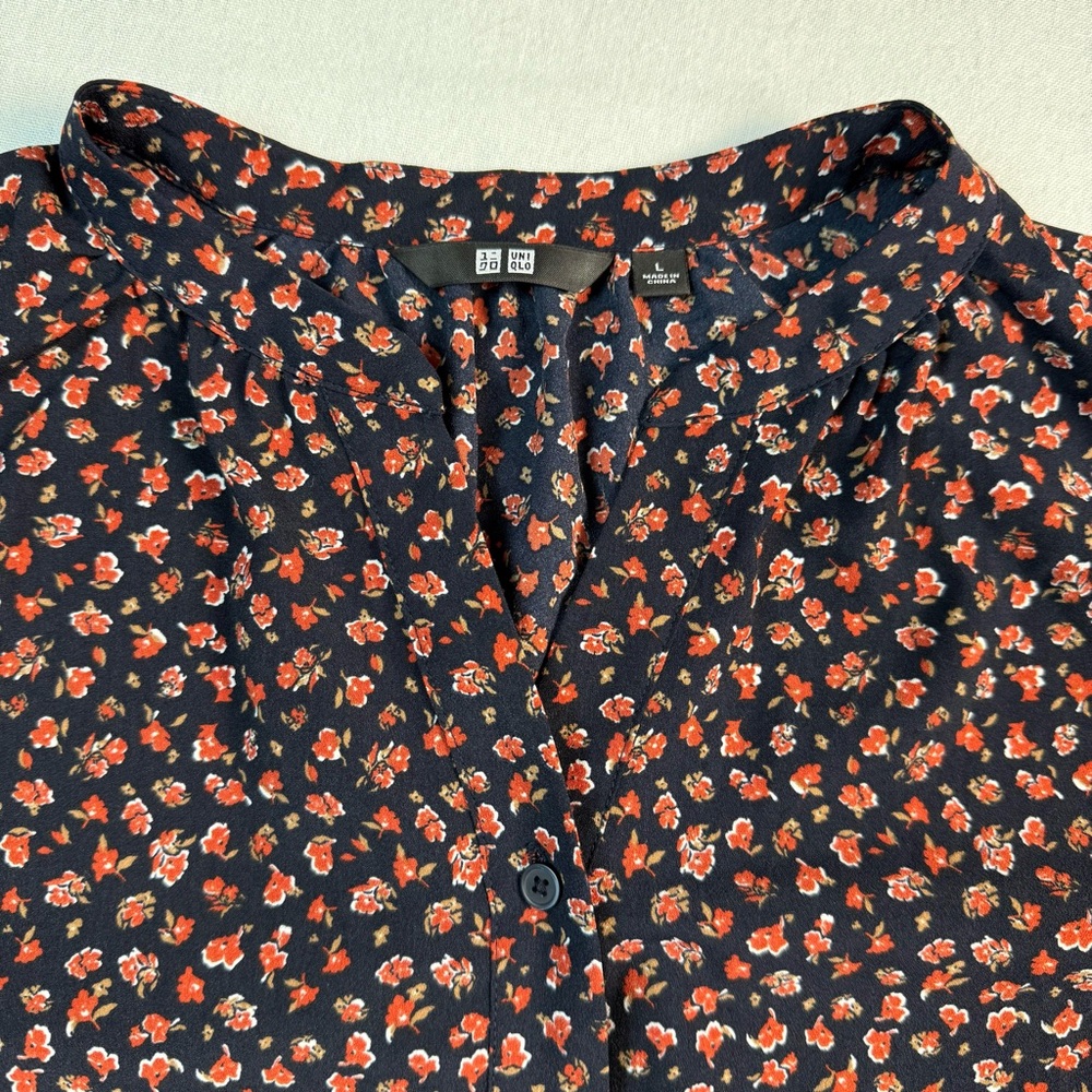Uniqlo Floral Button Front Midi Dress Black Orange M Long Sleeve Cottagecore - Picture 4 of 14